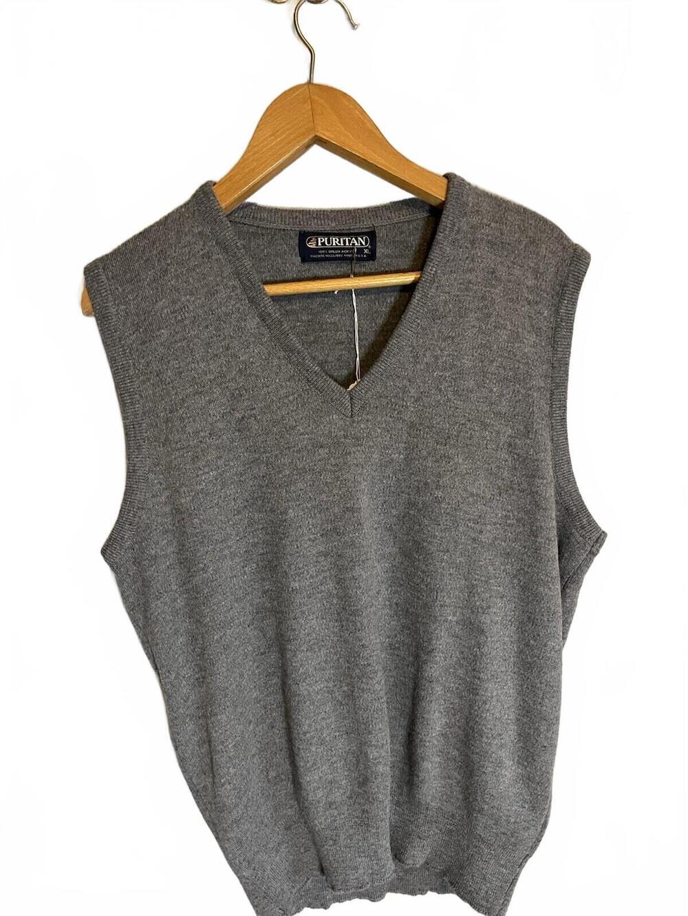 Puritan Vtg Sweater Vest Orlon Acrylic Knit Gray XL USA Made VNeck Preppy